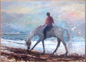 Cavalier sur la Plage - Huile sur toile - 100 x 73 cm